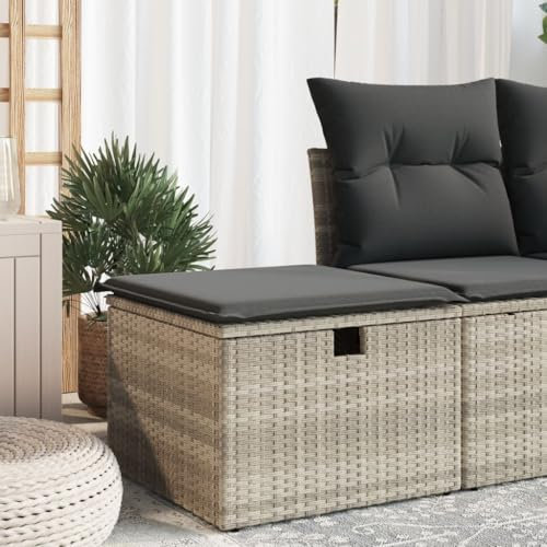 LAPOOH Gartenhocker mit Kissen Hellgrau 55x55x37 cm Poly Rattan, Balkon Hocker, Fusshocker Garten, Hocker Garten, Fußhocker Für Sessel, Gartenmöbel Hocker - 366180