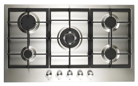 Cookology GH906SS Gas Hob Stainless Steel - 90cm - Built-in 5 Burners - Cast Iron Pan Supports - Auto Igniton and Easy to Use Dials