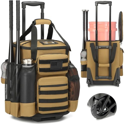 SunForMorning Baseball-Eimertasche mit Rollen, Baseball-Training-Zubehör, Organizer, taktischer Stil, Softball-Eimertasche mit mehreren Taschen für Schläger, Handschuhe und anderes Zubehör, Braun