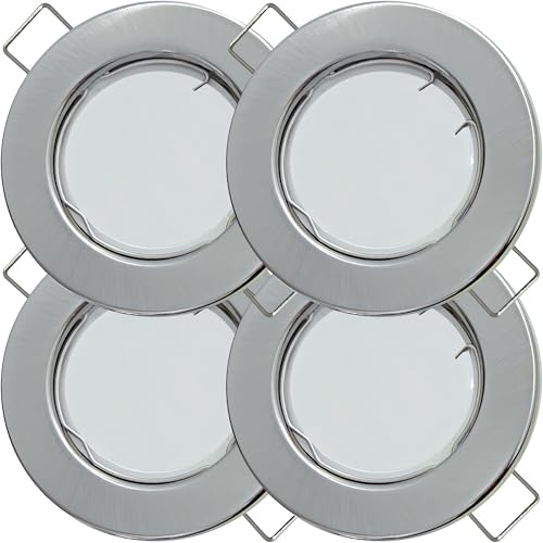 4er Set Flache SMD LED Modul Einbauleuchten, STEP DIMMBAR, Edelstahl gebürstet, 5W, 230V, starr, Klemmring, Einbautiefe 28mm, Bohrloch 55-65mm, LED Spots für Decke, Wohnzimmer, Küche, Flur usw.