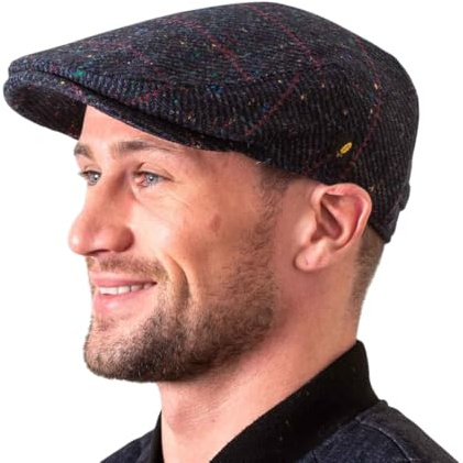 Hatman of Ireland Authentische Tweed Flachkappe für Herren 100% Donegal Tweed Fischgrätenmuster handgefertigt Hergestellt in Irland