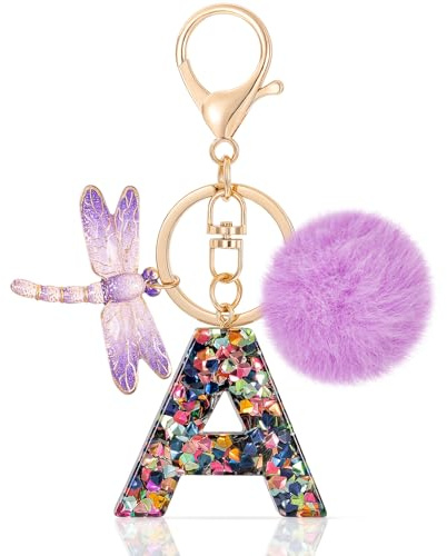 MWOOT Letter A Keychain Initiale Buchstaben-Schlüsselanhänger,Alphabet Harz Key Chain mit Libelle Pompom Anhänger Handtasche Geldbörse Charm,Keyring für Frauen(A)