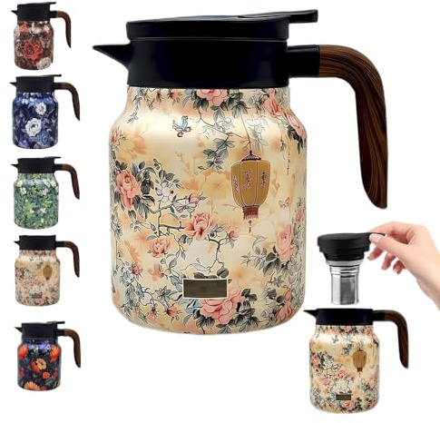 Vintage Floral Pattern Tea Pots – Built-in Infuser,Vintage Floral Teapot with Built In Infuser Stainless Steel Thermal Carafe with Lid for Hot Drinks,Pink(Wooden handle,35oz)