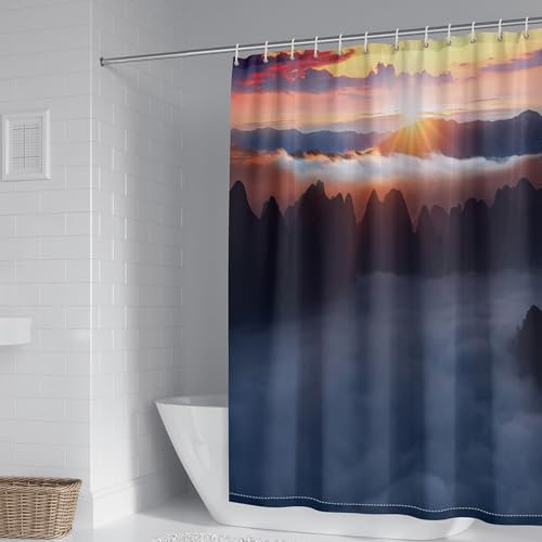 AMDXD Grau Orange Duschvorhang Eckdusche, Polyester Badewannenvorhang Berge Landschaften, Badezimmer Vorhänge mit Duschvorhangringen, 300x200cm