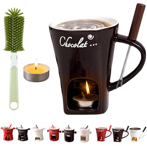 Vgpbphj Fondue Cup, Mini Ceramic Chocolate Melting Pot Set with Forks, Individual Fondue Mug, Personal Butter Warmer, Gift Set for Birthdays & Special Occasions (Coffee-C)