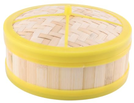 Mikinona Bamboo Steamer Basket 20cm Yellow Rim Lid Single Tier Bamboo Steamer for Dim Sum Dumplings and Vegetables Traditional Chinese Food for Healthy Cooking