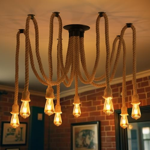 ANWIO Hanfseil Deckenlampe Pendelleuchte 8 Flammig, Spinne Kronleuchter, Hanfseil DIY Deckenleuchte Küche, Retro Hängelampe, Seil Pendellampe E27 für Speisesaal Schlafzimmer Wohnzimmer Esszimmer Hotel