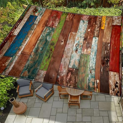 Treer Voile d'ombrage Rectangulaire Imperméable, Toile Ombrage, Rayures imprimé Protection UV 95% Rideau de Ciel Polyester pour Extérieur Jardin Terrasse Camping (Planche en Bois,180x180cm)