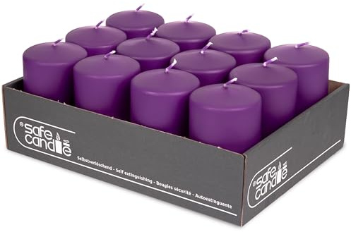 DecoLite Stumpenkerzen 10 x 6 cm, 36h Brenndauer, 12 Stück, Lila | Made in Germany, RAL-geprüft, Safe Candle selbstverlöschend, tropf- & rußfrei, ohne Duft, für Gastronomie & Tischdeko