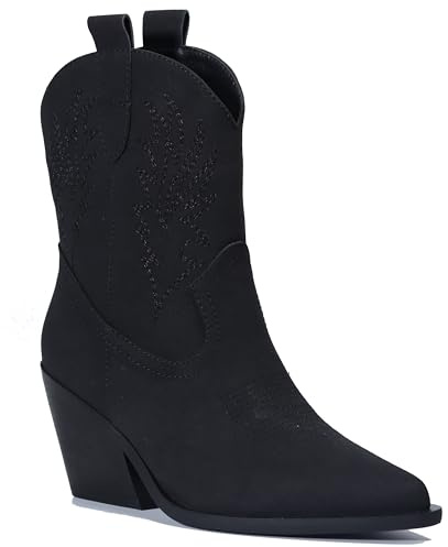 AUPEWEL Women's Cowboy Boots Ankle Booties – Stylish Pointed Toe, Side Zipper, Mid Heel Western Cowgirl Boots with Jersey Lining – Classic & Comfortable