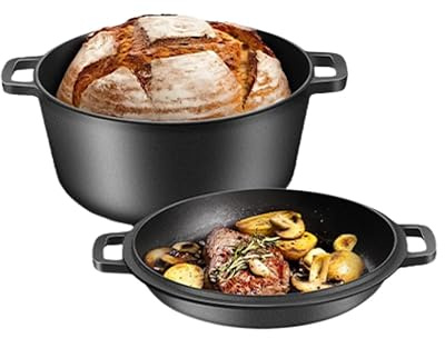 ME JO 6L Cast Iron Dutch Oven with Multi-Functional Cast Iron Skillet Lid – Heavy-Duty Casserole Dish with Lid for Bread Making, Roasting to Frying | 4.8L Capacity | Pre-Seasoned, Hob and Oven Safe