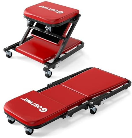 COSTWAY 2 in 1 Rollbrett Werkstatt, Montagerollbrett mit 6 Rollen & gepolstertem Sitz, KFZ-Rollbrett bis 150 kg Belastbar, Montageliege Werkstatthocker für Werkstatt, Garage, 92 x 41 x 12 cm (Rot)