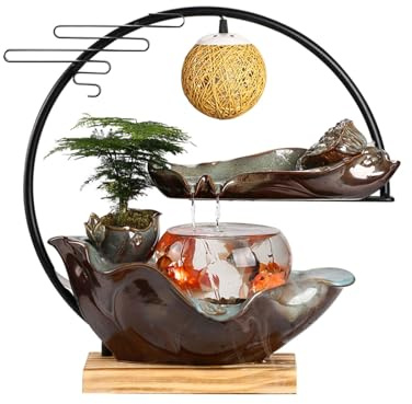 Fuente de Agua Corriente de Loto de cerámica con luz LED y decoración Feng Shui for acuarios. Fuente de Cascada de Escritorio con Niebla y pecera for el hogar.