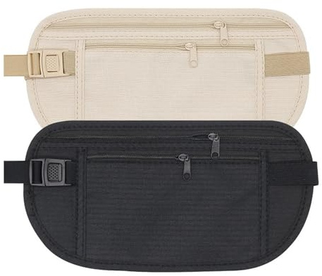 2 Pcs Anti-Theft Money Belt, Nylon Money Belts for Travel Hidden, Waterproof Moneys Pouch Stealth Wallet, Comfortable Adjustable Concealed Moneys Belt, for Cash Cards Passport Phone(Black, Khaki)
