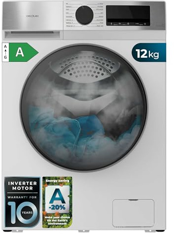 Cecotec Lavadora Carga Frontal 12Kg Bolero DressCode 12450 Inverter, 1400 rpm, 16 programas, Clase A-20%, Motor Inverter Plus, Allergy Care, Pearl Drum, Función Silence, Stop&Go y Kid Lock, Blanca