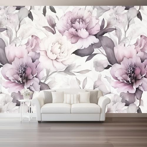 Generico Carta da Parati 250 x 175 cm（WxH, Minimalismo Acquerello Fiori Peonia Decorazione da Parete Carta Parati Soggiorno Camera Letto Bianco