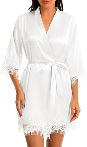 Lovasy Satin Bademantel Damen Kurz Sexy Kimono Morgenmantel für den Heimgebrauch Brautbademantel mit Spitzenbesatz an Ärmeln und Saum mit Gürtel