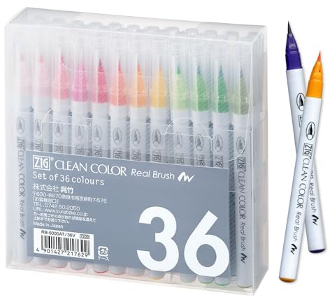 Kuretake Zig Clean Color Real Brush 36 colors set, Brush tip marker pens, for Professional and Artist, coloring, drawing, calligraphy, lettering, Made in Japan