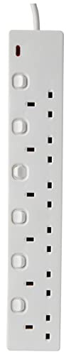PRO ELEC 6 Gang Switched Extension Lead 10m 13A UK Power Strip | 6 switched sockets with neon indicators, 10m cable and 13A UK plug for extended power control.