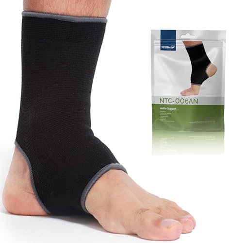 NEOtech Care - Fascia di supporto per caviglia con apertura sul tallone - tessuto elastico e traspirante - Media compressione - Uomo, donna, bambino - Piede destro o sinistro (Nero, L, 1 Pezzo)
