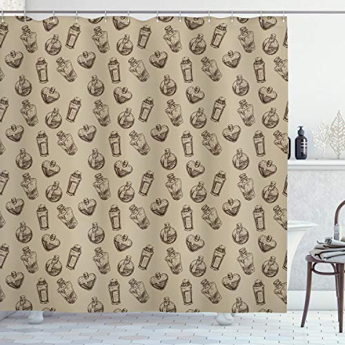 ABAKUHAUS Boticario Cortina de Baño, Vintage Cure frascos, Material Resistente al Agua Durable Estampa Digital, 175 x 200 cm, Tan Brown