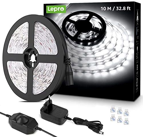 Lepro Tira LED 10M Blanca Fría 6000K, Luces LED Habitación Regulable, 600 LEDs, 1800lm, Tira Luz LED para Decoración Navideña de Cocina Interior(con Fuente de Alimentación y Regulador de Intensidad)