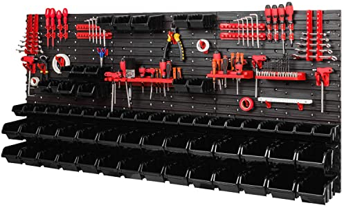 PAFEN Lagersystem Werkstattregal 1728 x 780 mm - Wandregal mit Werkzeughalterung und 64 Schwarz Stapelboxen - Wandplatten Schüttenrega
