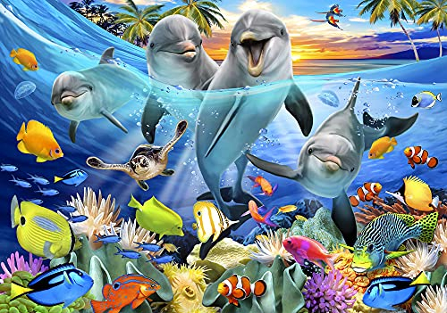 WallArena - Vlies Fototapete Kinderzimmer Delphin 368x254 cm - Fototapeten - Fototapeten Tapeten für Kinder Kindertapete - Vliestapete Wandtapete Tapete 3D Effekt - Wasser