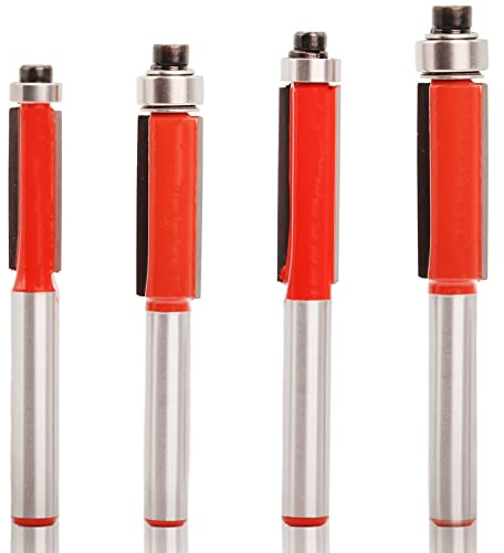Sinoprotools 4pcs Flush Trim Router Bit Set 1/4 Inch Shank with Bearing, Milling Cutter Tools, Industrial Grade Template Pattern Flush Trimming Router Bit, for Woodworking 1/4 5/16 3/8 1/2