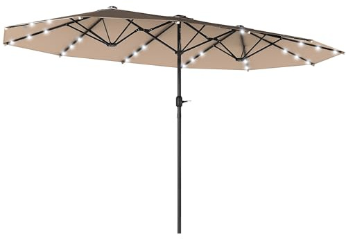 Outsunny sombrilla con LED sombrilla doble 440 x 260 cm sombrilla de jardín sombrilla de mercado gran sombrilla de patio con manivela ovalada metal caqui