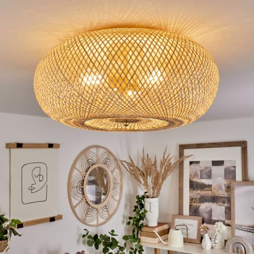 HOFSTEIN Deckenleuchte Bauro, Deckenlampe aus Holz/Metall in Naturfarben/Messing, moderne Leuchte im Boho-Design (Ø 46 cm), Lichteffekt durch Gitter-Optik, 3 x E27, Wohnzimmer, Esszimmer, Schlafzimmer