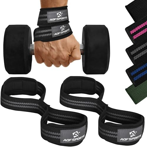 AQF Figur 8 Zughilfen Krafttraining, Gepolsterte Hebegurte für Kreuzheben | Robustes Baumwollgewebe, Stoßdämpfendes Neopren, Reißfeste Nähte, Einheitsgröße, Ideal für Rudern und Klimmzüge, Kraftsport