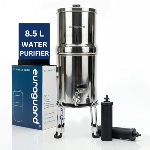 EUROGUARD® Filtro de gravedad - Sistema de filtración de agua en Acero Inoxidable 304, 8,5 L, 2 filtros de Carbón Activado, Grifo 100% INOX con Soporte en Acero Inoxidable.