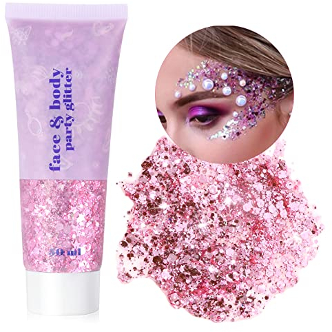 URAQT Body Glitter Gel, Chunky Glitter Gel, Chunky Body Lotion Glitzer Flüssiger Lidschatten, Meerjungfrau Pailletten Funkelnde für Gesicht Haare Lippen Nägel Make Up Kosmetik Festival (03-Rosa)