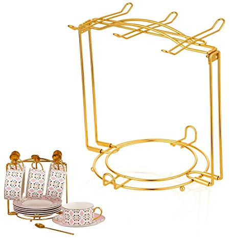 CHILDIKE Coffee Cup Rack, Tea Cup Holder Stand Dishes Organizer, Teacup Display Stand, Iron Tea Set Basket Holder Cup Drying Rack for Counter (Gold)