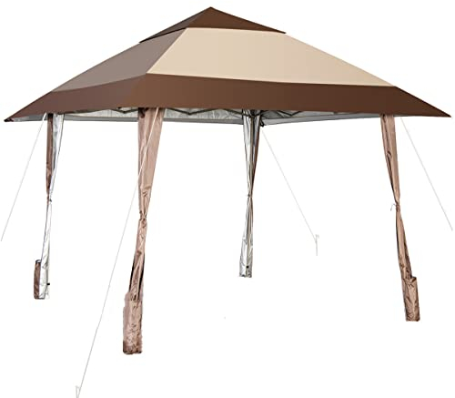 RELAX4LIFE 4 x 4 m Pop-Up-Pavillon, Tragbarer Faltpavillon mit 8 Erdspießen, 4 Seilen, 1 Tragetasche & 4 Seitentaschen, Höhenverstellbares Partyzelt mit UV Schutz & Belüftungsloch, Braun