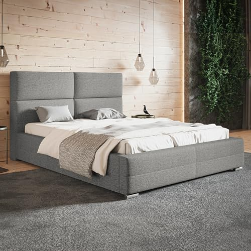 MOTIVENA Malaga Bett 180x200 Grau Stoff, mit Stauraum, mit Kopfteil, mit Lattenrost, mit Füßen, ohne Matratze, Polsterbett 180x200 mit Bettkasten Grau (Hellgrau)