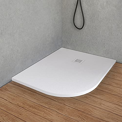 Inbagno Piatto Doccia semicircolare Destro 70x90 in Resina Bianco Effetto Pietra, Ultra Slim e Antibatterico, riducibile su Misura, griglia di Scarico Reversibile, Loren