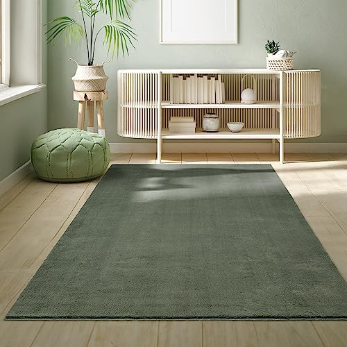 the carpet Relax - Alfombra Moderna y mullida de Pelo Corto, para salón, Parte Inferior Antideslizante, Lavable hasta 30 Grados, Muy Suave, Verde, 80 x 150 cm