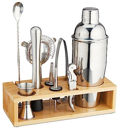 Relaxdays Cocktail Set, 10-TLG. Barset mit Ständer, Shaker, Barmaß, Barlöffel, Zange, Edelstahl & Bambus, Silber/Natur, 70%, 1x