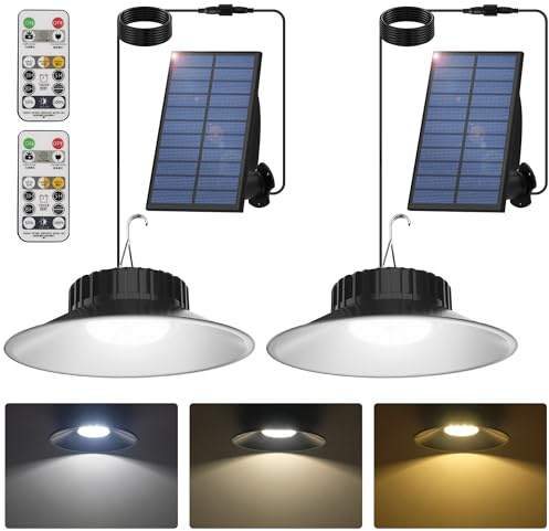 T-SUN Solar Pendant Light Outdoor, 2 Pack Solar Shed Lights Indoor with Remote Control, IP65 Waterproof Shop Light, 3000K/4000K/6000K, Perfect for Barn Chicken Coop Garage Courtyard Balcony