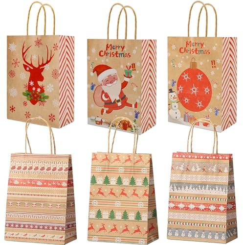 Geschenktüten Weihnachten, 24 Stück Weihnachtstüten Papiertüten mit Griff, Tüten Weihnachten,Kraftpapier Tüten, Weihnachtstüten mit Weihnachtsdruck zum Verpacken von Geschenken Geburtstag Partyzubehör