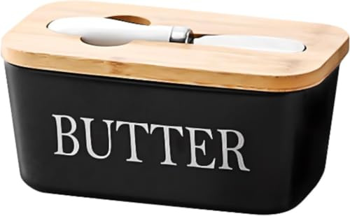 Simcat Butter Dish with Lid and Knife, Ceramic Butter Dish with Double Silicone Seals Butter Box, Butter Container Perfect for East West Coast Butter, Black