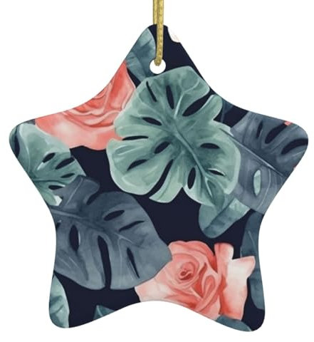 Aquarell Monstera Muster Weihnachten Ornament Weihnachten Keramik Hängende Ornamente mit Goldband Sternform Ornament Hängend für Weihnachtsbaum Weihnachtsbaum Dekorationen für Heimdekoration
