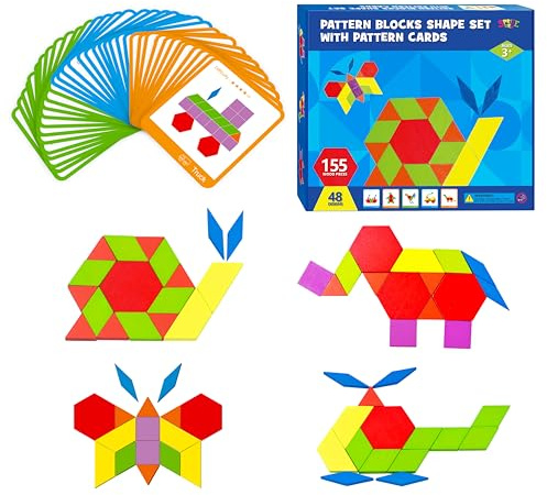 155 STK. Holz-Puzzle-Set mit Musterblöcken, 24 doppelseitigen Designkarten (48 Muster), geometrisches Formenpuzzle, lustiges Tangram-Montessori-Lernspielzeug für Kinder im Alter von 4-8 Jahren
