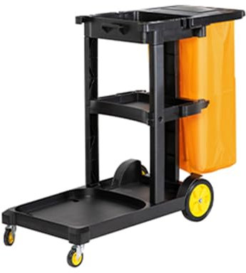 Kunststoff Putzwagen Reinigungswagen mit extra groß Tasche, Hausmeisterwagen mit 3 Regalen(Black)