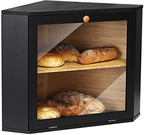 Leader Accessories Corner Bread Bin Bamboo Two-Layer Bread Box for Kitchen Corner fit 12.6x12.6x13.4 Black