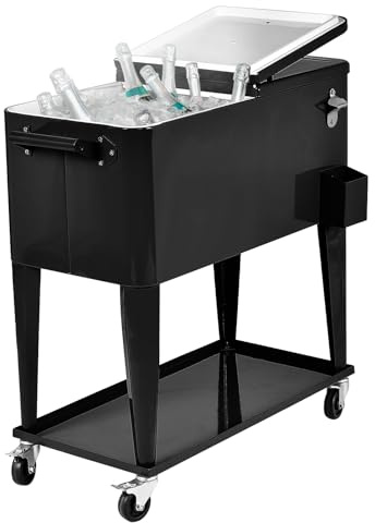 COSTWAY 80-Quart Rolling Ice Chest, Stainless Steel Beverage Cooler Cart with Wheels, Bottle Opener & Drainage Hole, Bar Party Drink Ice Bucket Trolley(Black, with Shelf)