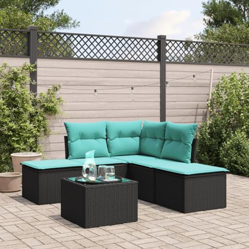 LAPOOH 6-TLG. Garten-Sofagarnitur mit Kissen Schwarz Poly Rattan, Lounge Gartenmöbel Set, Möbelsets, Balkon Möbel, Gartenlounge, Gartensofa - 3249565