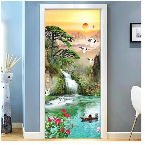 Türaufkleber Türtapete Türbilder Türposter Wunderschöner Berg-Wasserfall-Türaufkleber Für Wohnzimmer, Schlafzimmer, Selbstklebendes, Wasserdichtes Wandbild Für Die Wand, 3D-Aufkleber (Größe : 95x215c